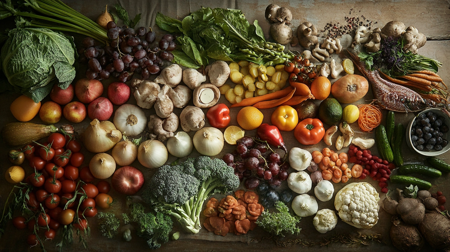 Здорова їжа на столі - різноманітні овочі, фрукти та злаки